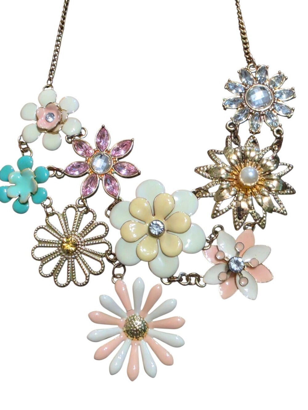 Enemal & Rhinestone Flower Statement Necklace 20" Adjustable